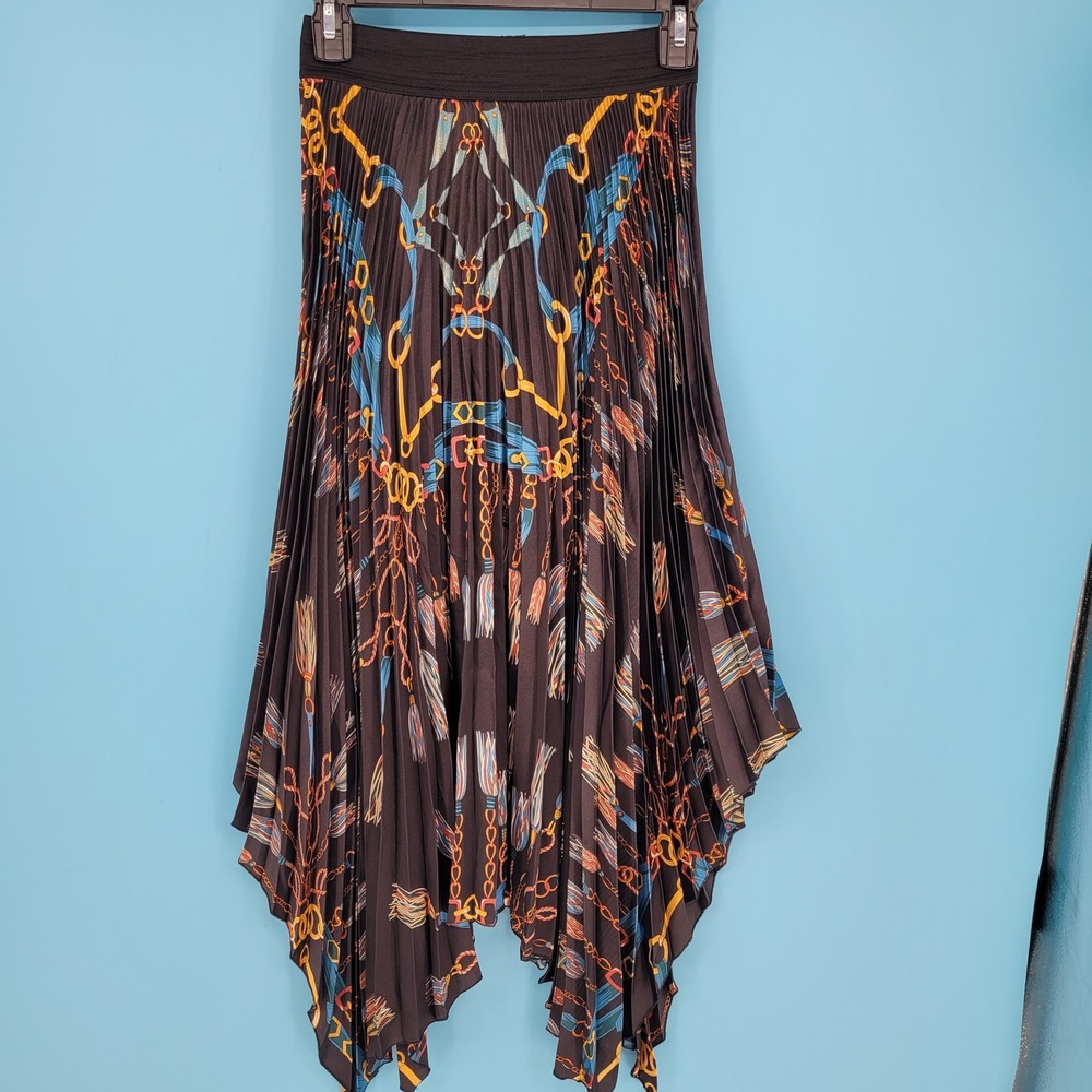 Zara Basic Pleated Chain Scarf Print Midi Skirt Womens S Baroque Nautical